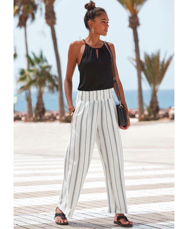 Women's Striped Wide Leg Smocked with Pockets Pants
