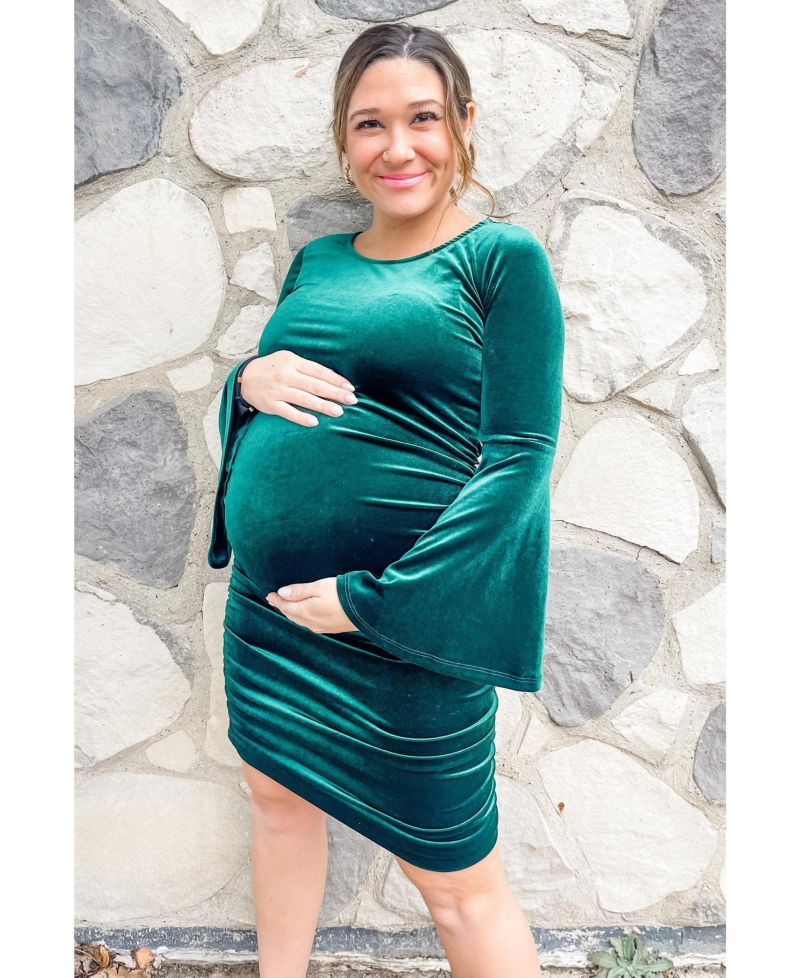 Women's Forest Green Velvet Ruched Bell Sleeve Dress