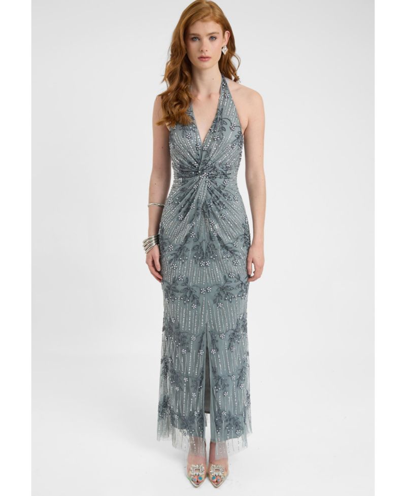 Women's Embellished Sequin Beaded Maxi Dress With Knot Design