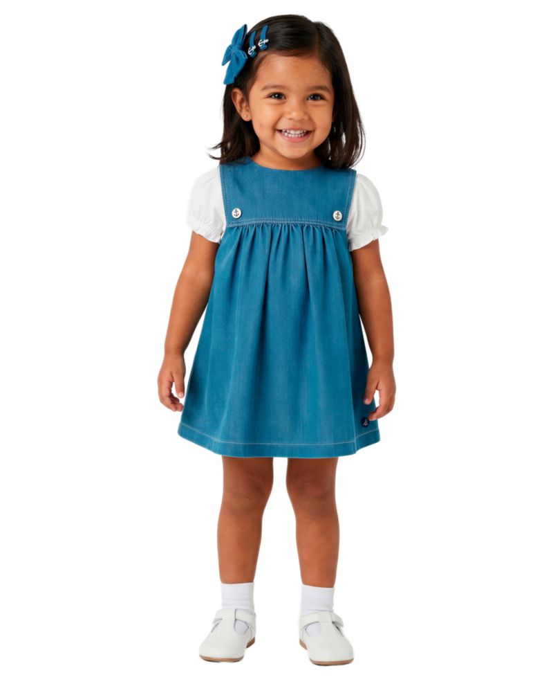 Baby Girls' Denim Jumper Dress & Bodysuit with Hairclip and Band, 4-Piece Set