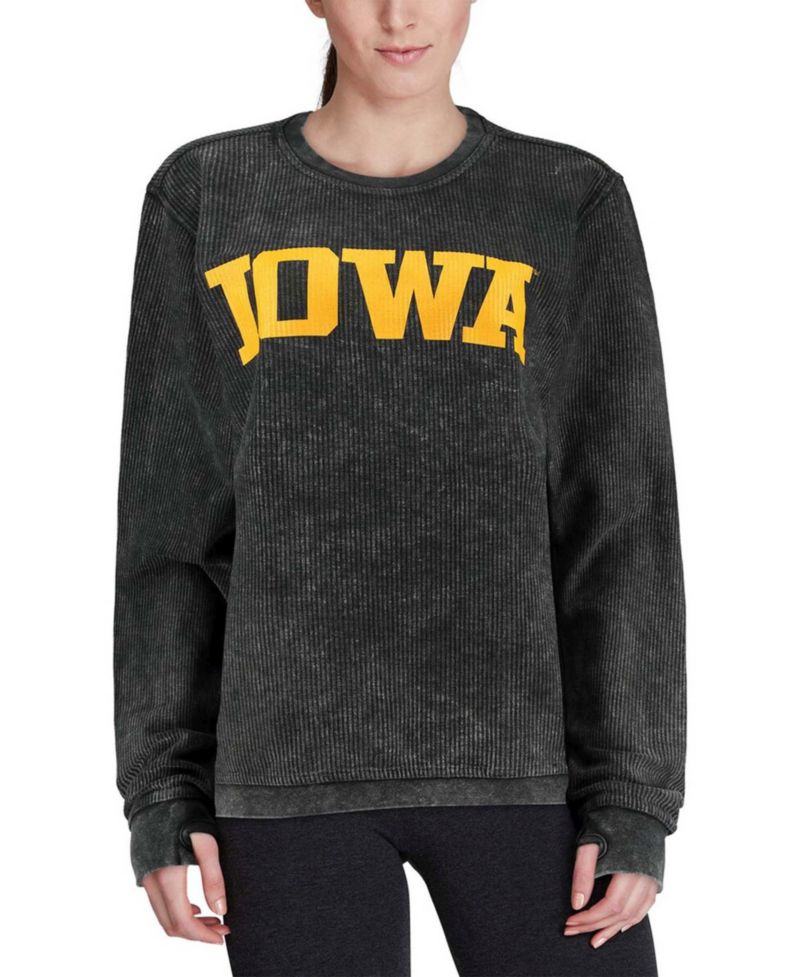 Women's Black Iowa Hawkeyes Comfy Cord Vintage-Like Wash Basic Arch Pullover Sweatshirt