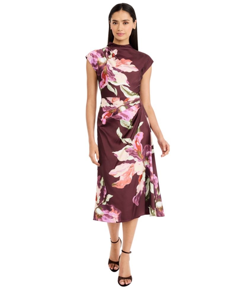 Women's Floral-Print A-Line Mock Neck Midi Dress