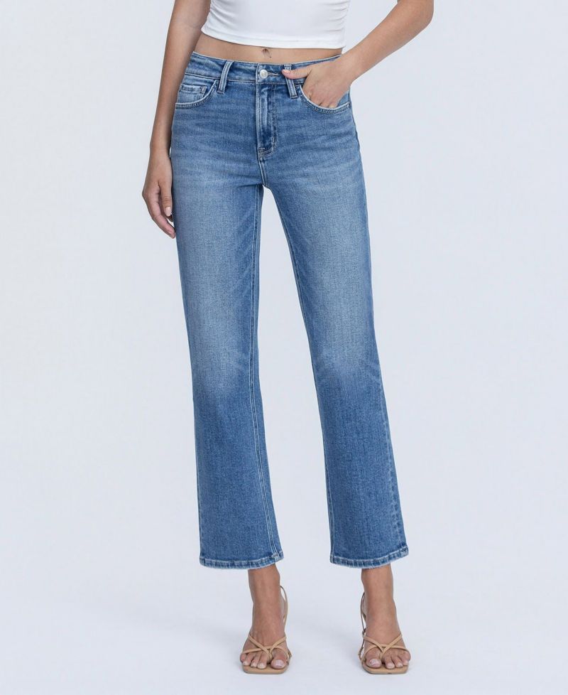 Women's High Rise Back Distressed Hem Ankle Straight Jeans