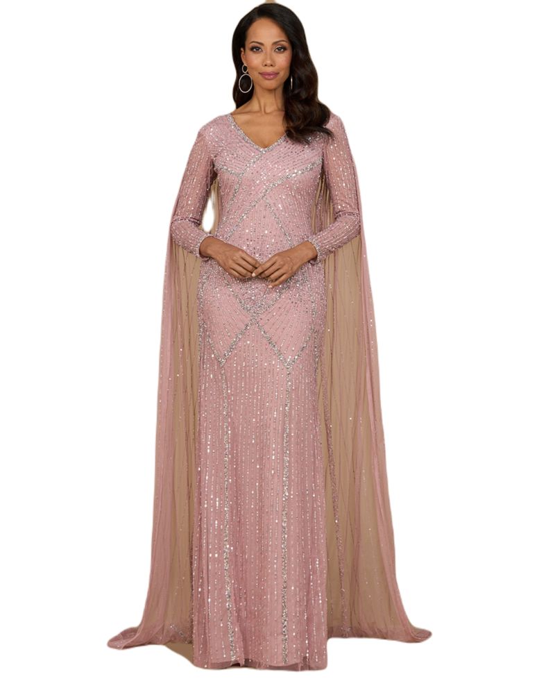 Women's Long Sleeve Beaded Gown with Cape