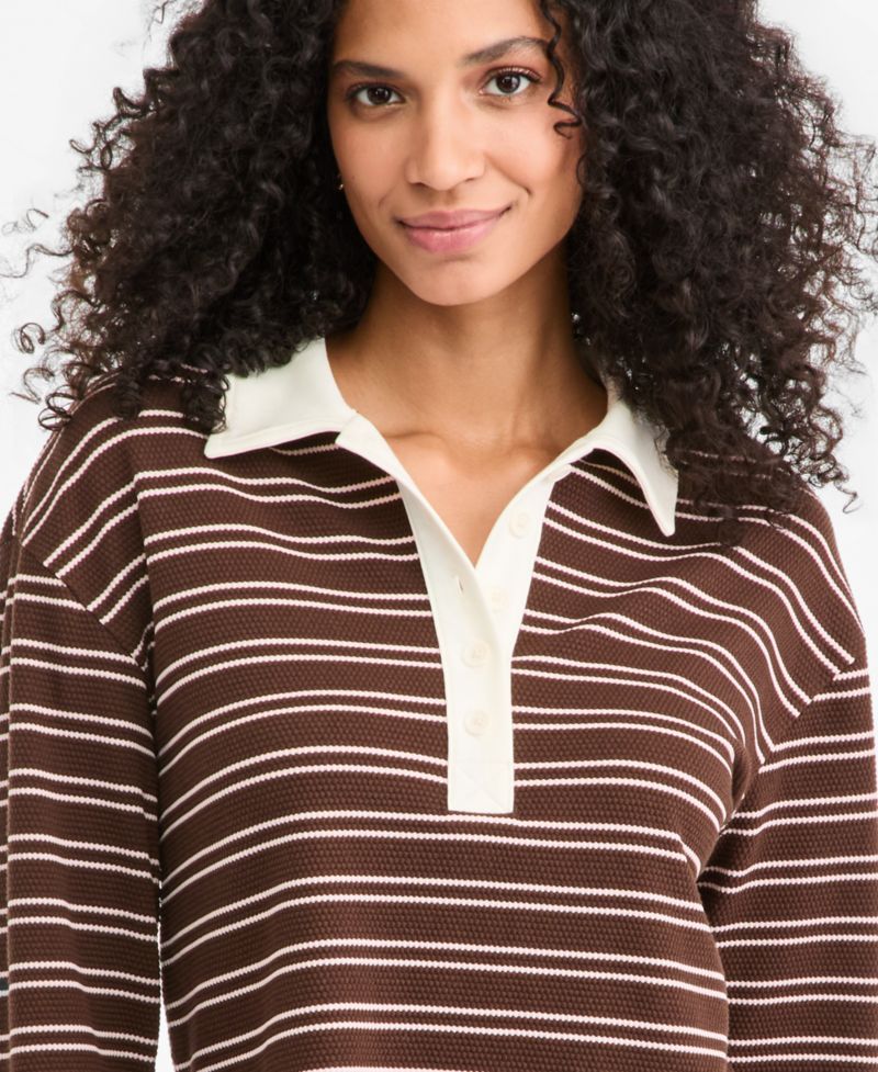Women's Stripe Pique Long-Sleeve Polo Shirt