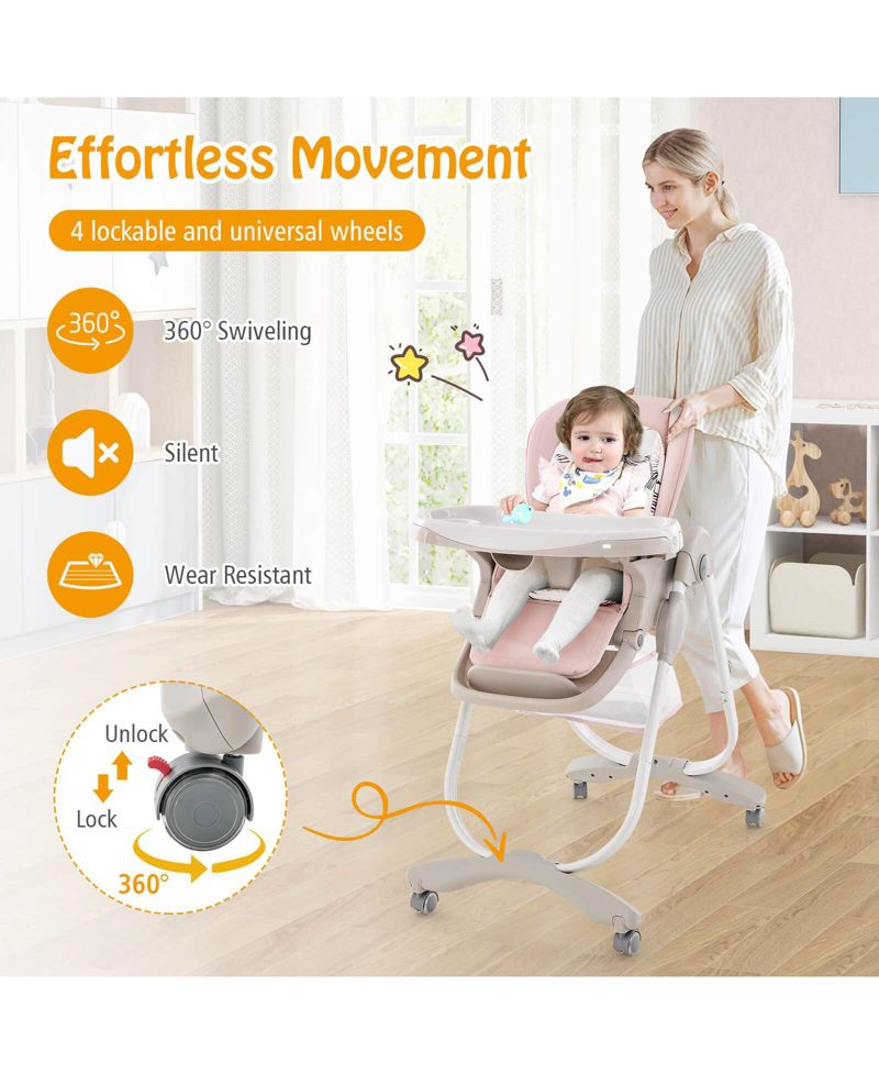 Highchair for Babies and Toddlers with Rolling Wheels Adjustable Height Footrest