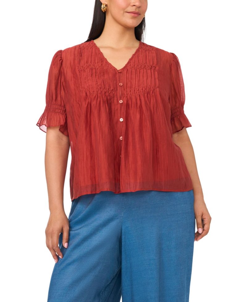 Plus Size V-Neck Puff-Sleeve Pintuck Top