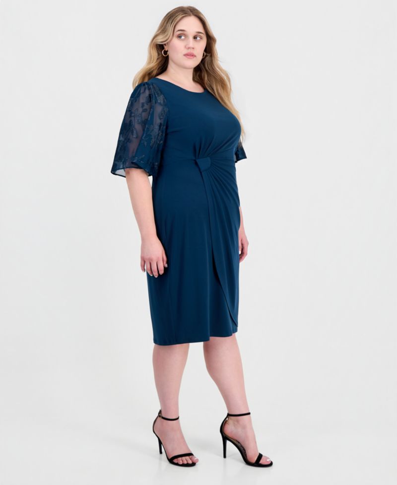Petite Cocktail Clip-Chiffon Short-Sleeve Dress