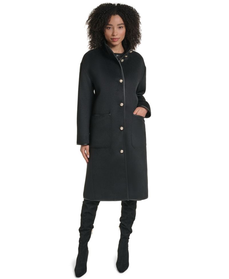 Women's Wool-Blend Faux-Leather Trimmed Funnel Neck Long Coat