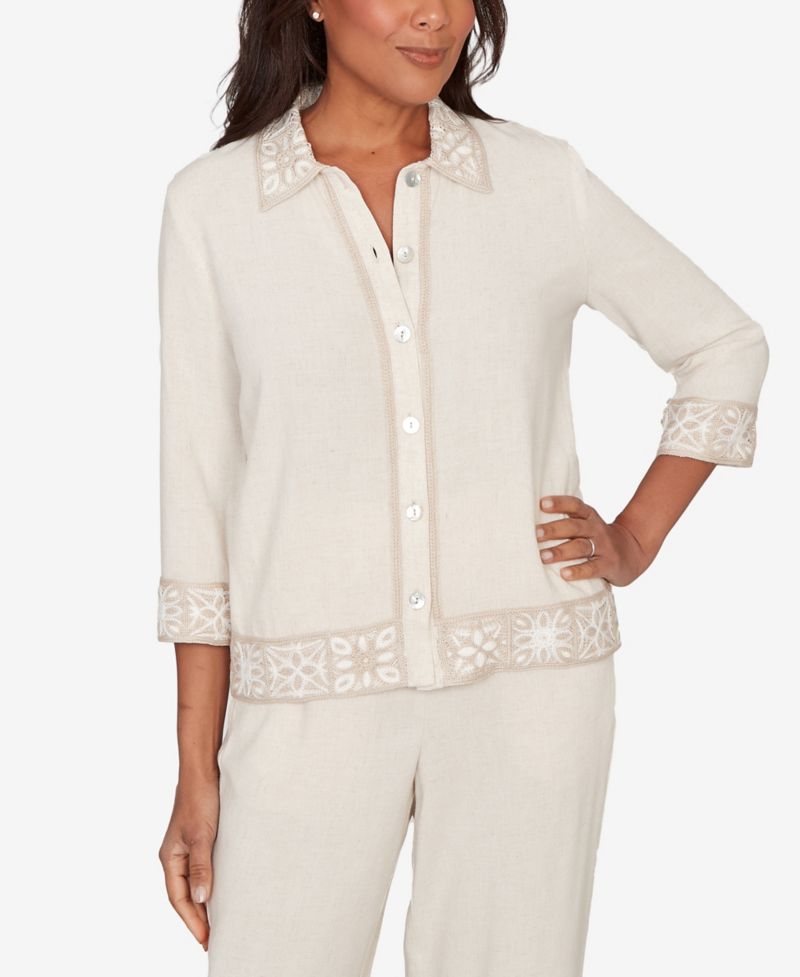 Women's Natural Wonder Embellished Crochet Trim Linen Jacket