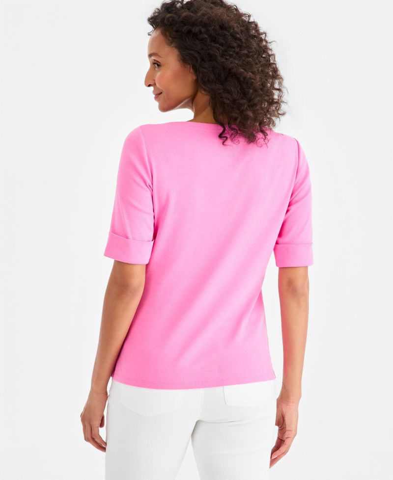 Petite Cotton Elbow-Sleeve Boat-Neck Top