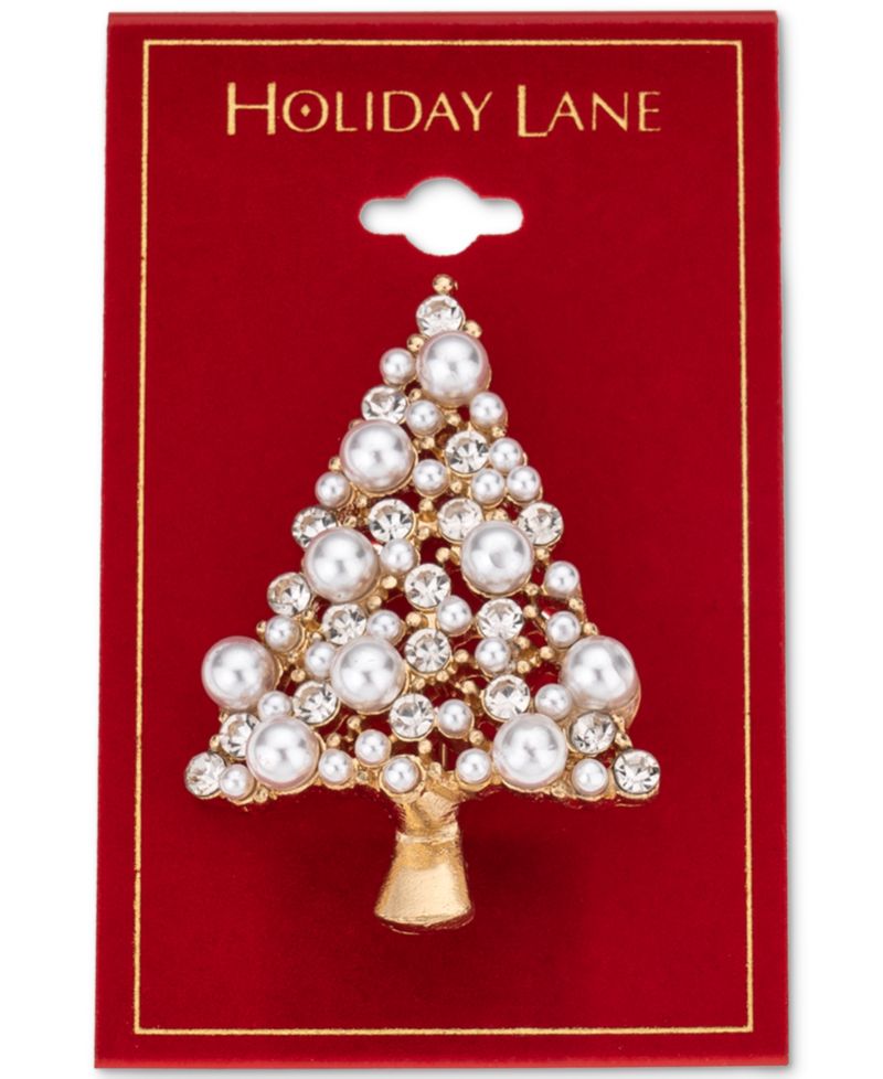 Gold-Tone Crystal & Imitation Pearl Tree Pin