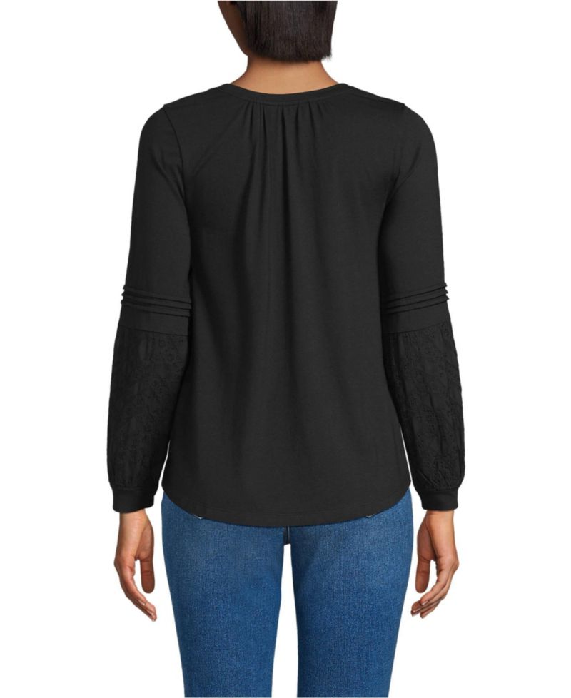Women's Lightweight Jersey Lace Mix Long Sleeve Pintuck Top