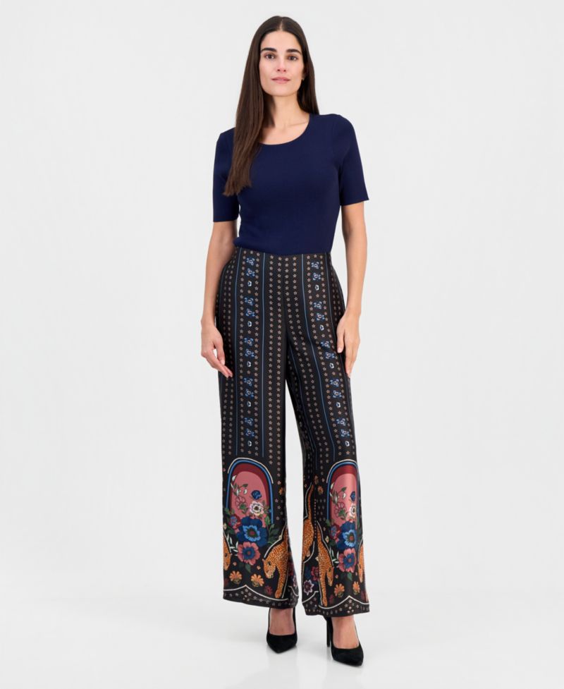 Women's Placed-Print Pull-On Wide-Leg Pants