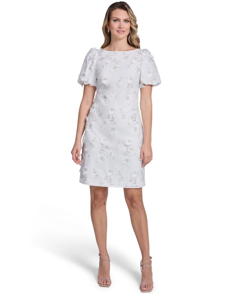 Petite Bubble-Sleeve Boat Neck Sheath Dress