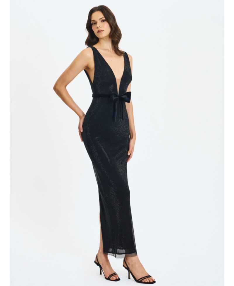 Women Olympia Black Belted Bow Plunging Rhinestone Maxi Dress