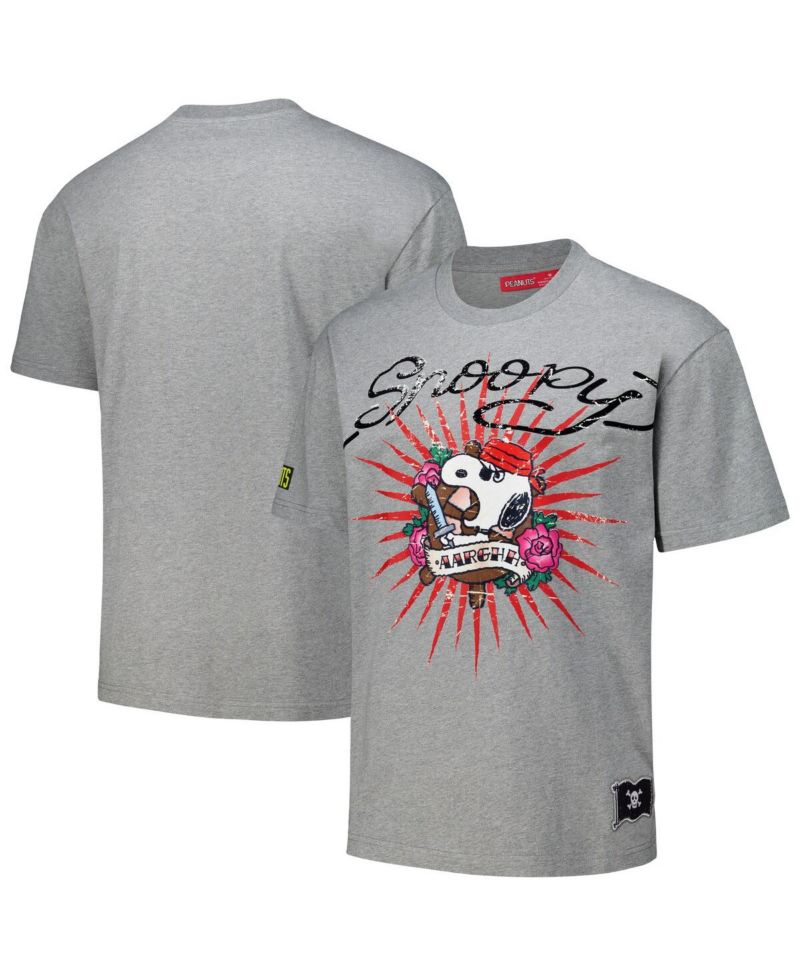 Men's Heather Charcoal Peanuts Snoopy Tattoo Loose Fit T-Shirt