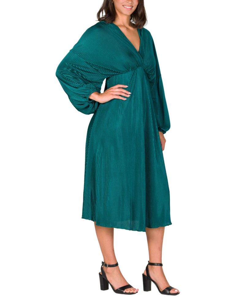Женское плиссированное платье миди с V-образным вырезом и завышенной талией в стиле ампир