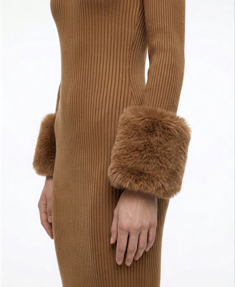 Women's Savannah Long-Sleeve Mock-Neck Faux-Fur-Cuff Midi Sweater Dress