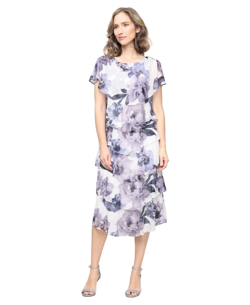 Women's Printed Crewneck Tiered Midi Dress