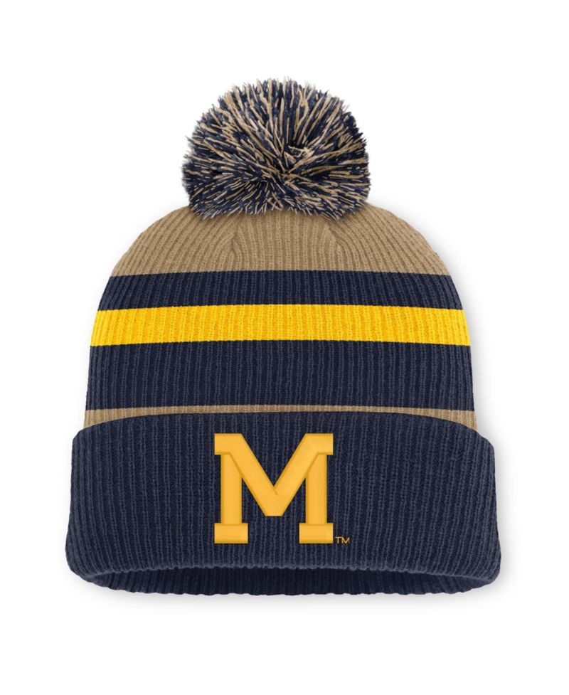 Men's and Women's Navy/Beige Michigan Wolverines Legacy Striped Cuffed Knit Hat with Pom