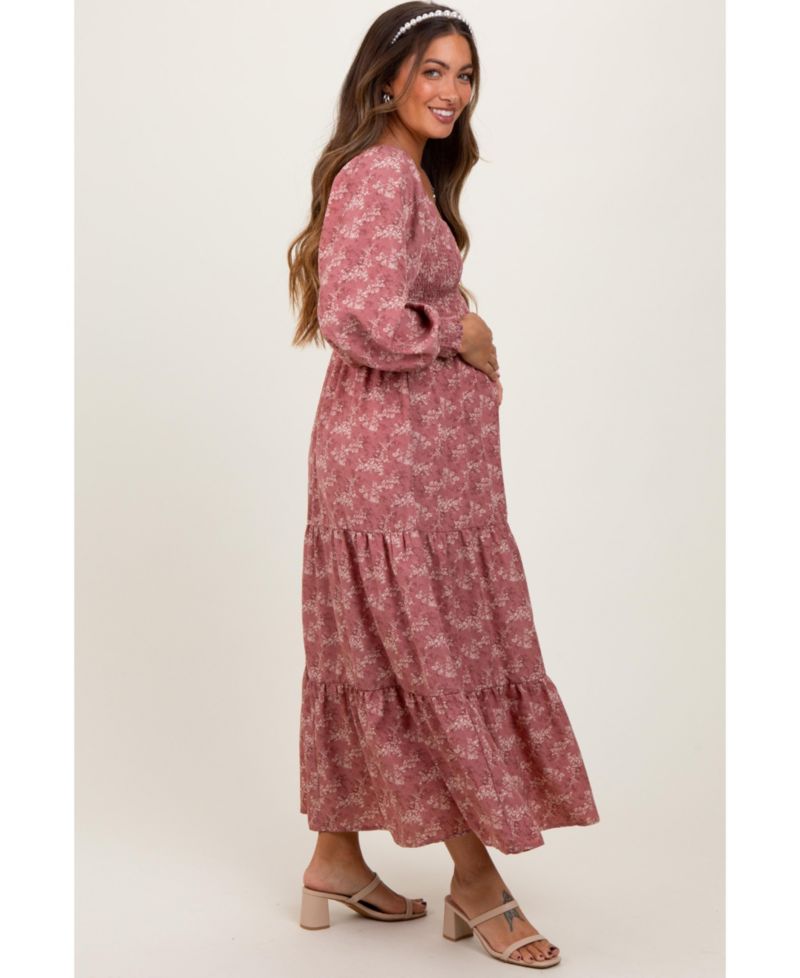 Women's Mauve Floral Smocked Square Neck Maxi Dress