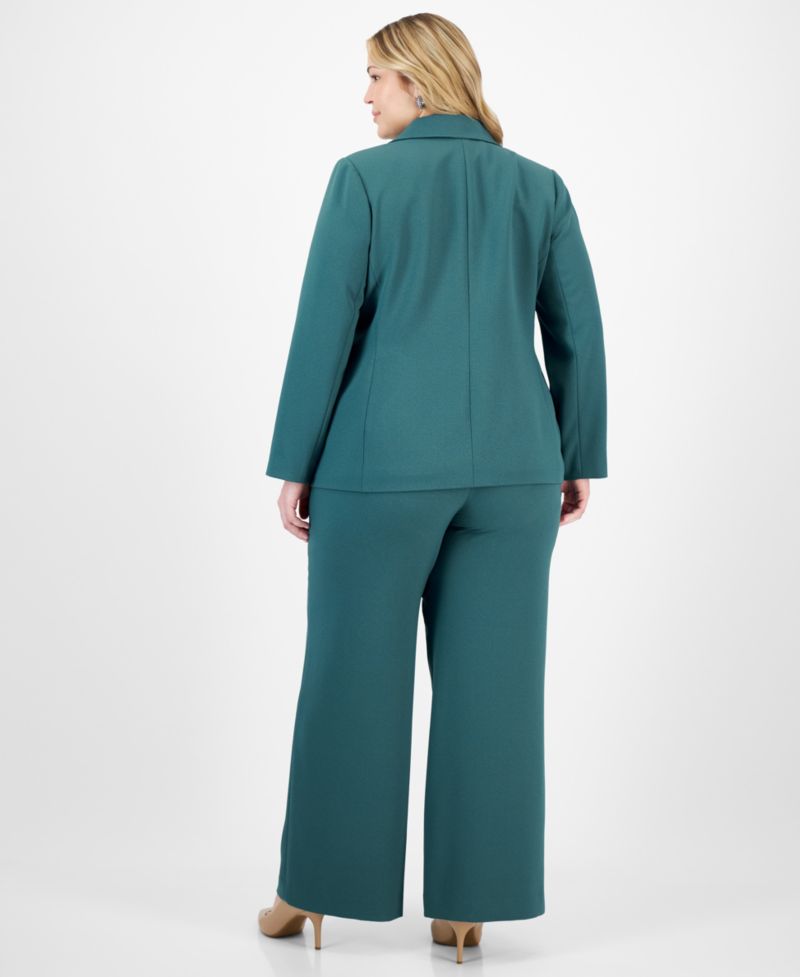 Plus Size Long-Sleeve One-Button Blazer, Sailor Tie-Neck Blouse & Mid-Rise Wide-Leg Pants