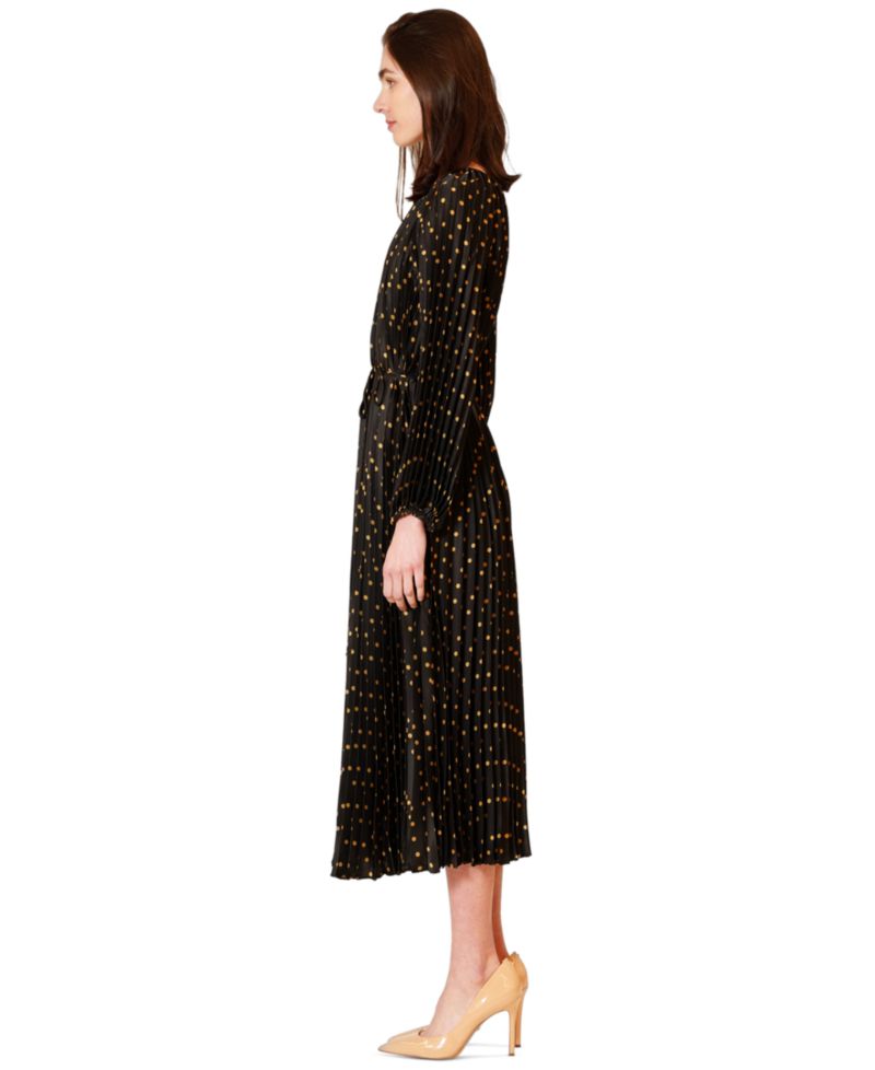 Women's Pleated Long-Sleeve Waist Tie Maxi Dress
