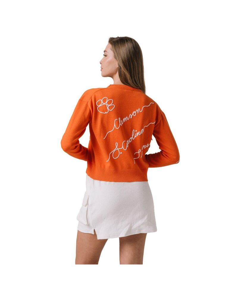 Women's Orange Clemson Tigers Love Note Embroidered Pullover Sweater