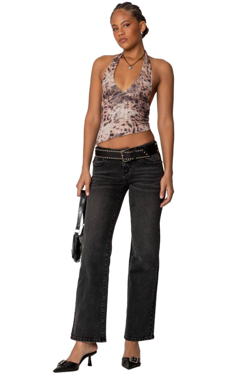 Women's Leopard Mesh Asymmetric Halter Top