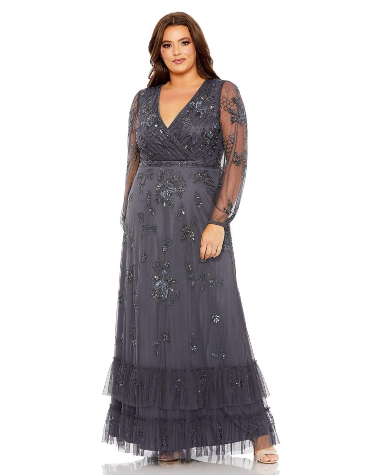 Women's Puff Sleeve V-Neck Tiered Embellished Gown