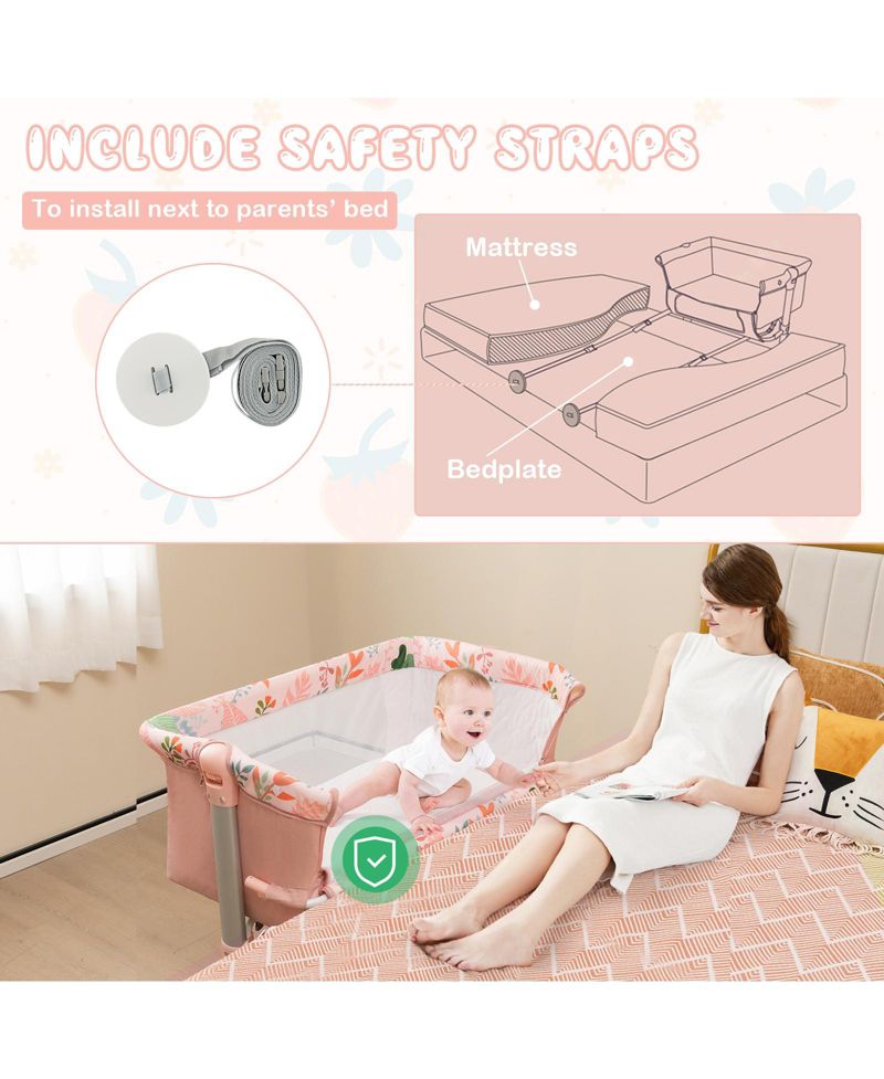 Folding Baby Bassinet Bedside Sleeper with 4 Adjustable Heights-Pink