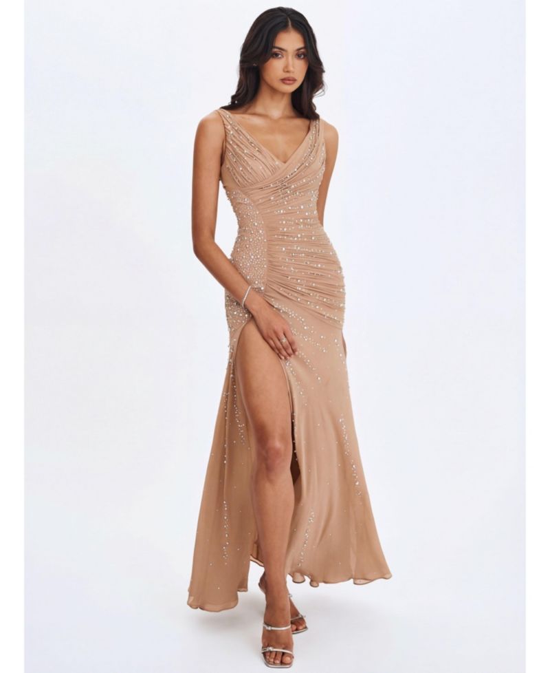 Women's Viveca Apricot Crystal-Embellished Asymmetrical Ruched Maxi Dress