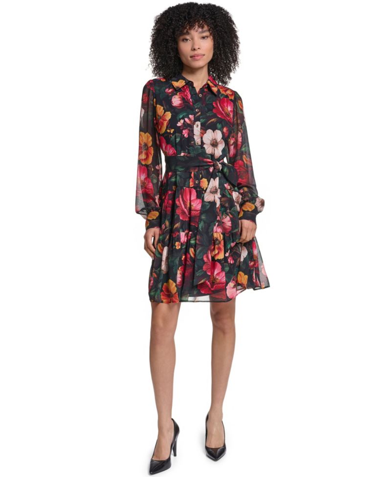 Women's Printed Grid Chiffon Shirtdress
