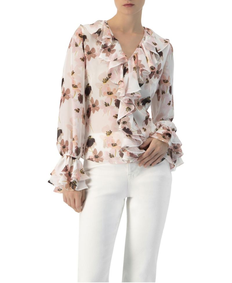 Women's Floral V-Neck Blouse with Ruffle Detail
