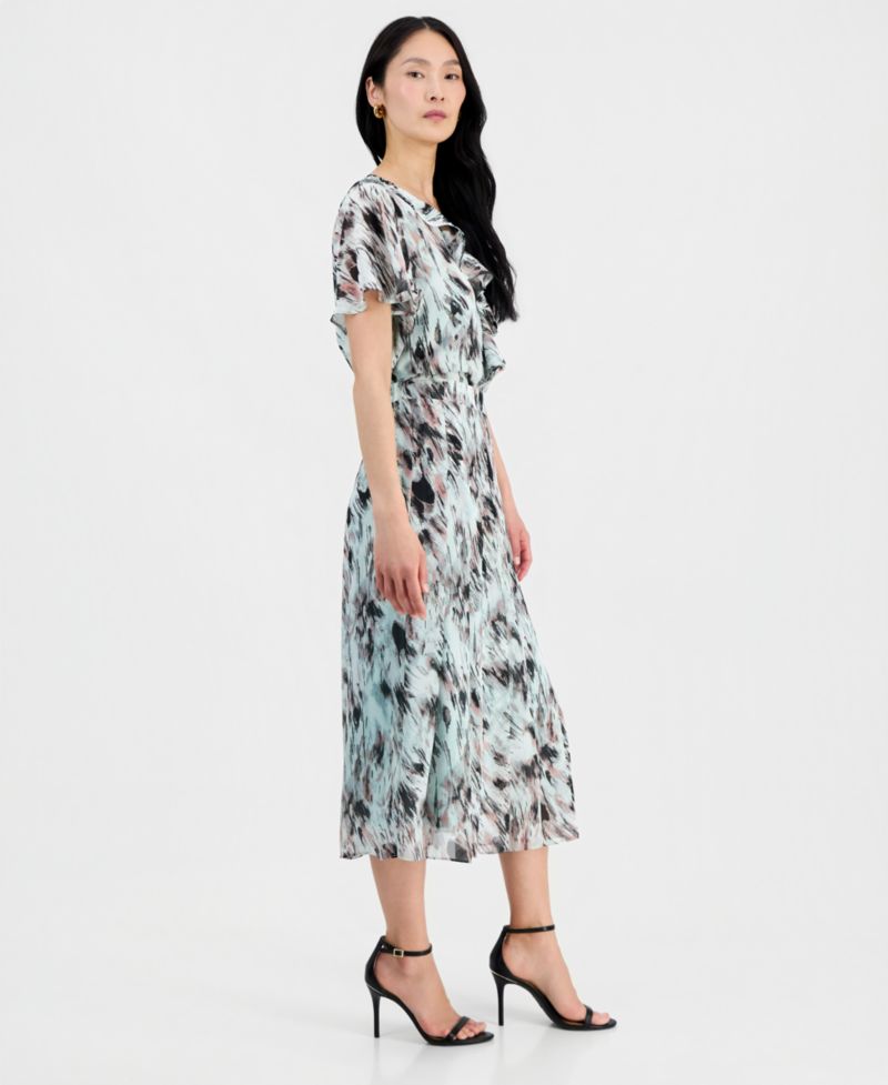 Women's Ruffle-Front Flutter-Sleeve Blouse & Pull-ON Pleated-Front Skirt