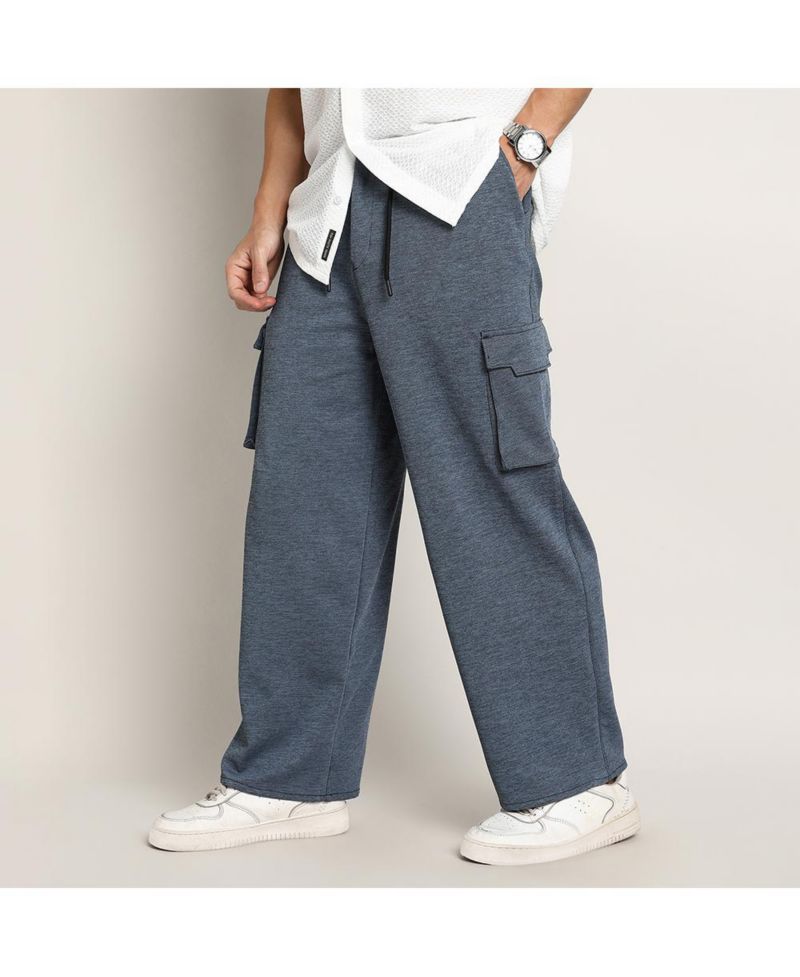 Men's Prussian Blue Heathered-Relaxed Cargo Trousers