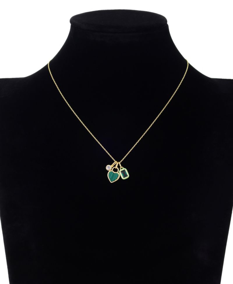 Cubic Zirconia Gold-Tone Plated Malachite Stone Cluster Charm Necklace