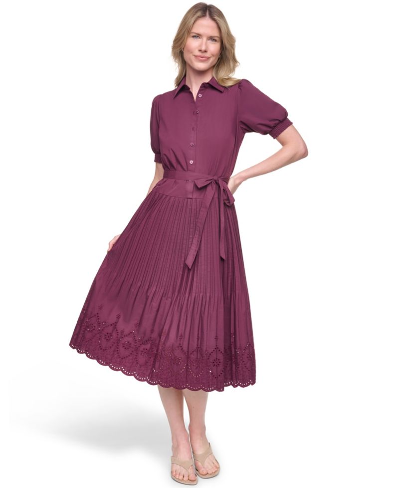 Women's Puff Short-Sleeve Drop Waist Shirt Dress