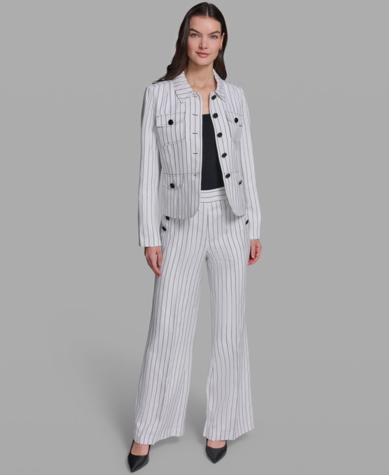Women's Linen-Blend Striped Collared Jacket