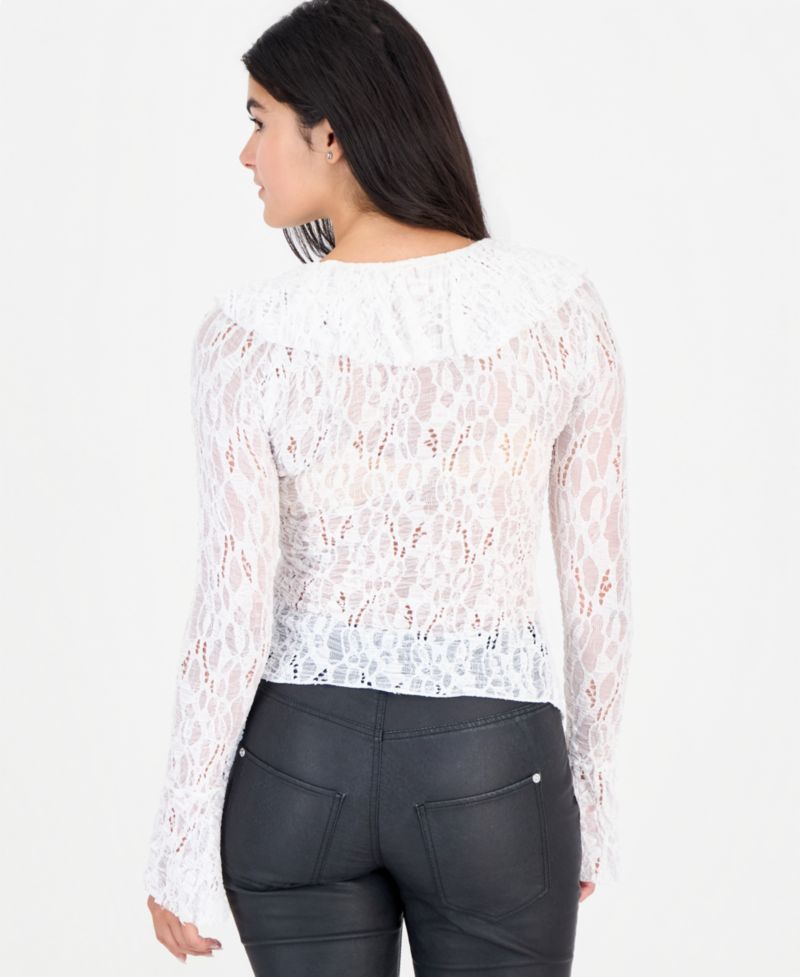 Women's Laney Sheer Ruffled V-Neck Cardigan Sweater