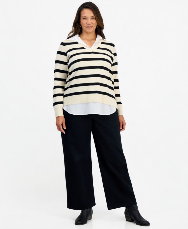 Petite Two-Fer Striped V-Neck Sweater