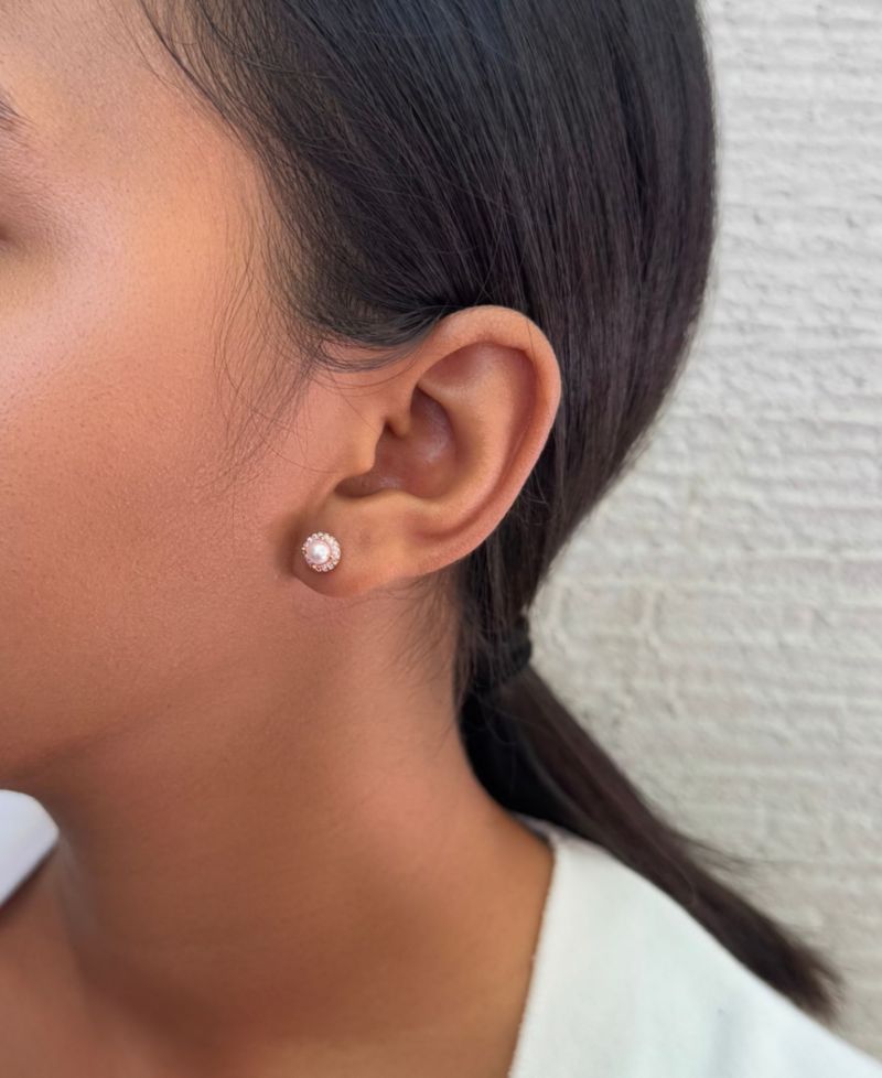 Rose Gold Freshwater Pearl CZ Halo Stud Earrings