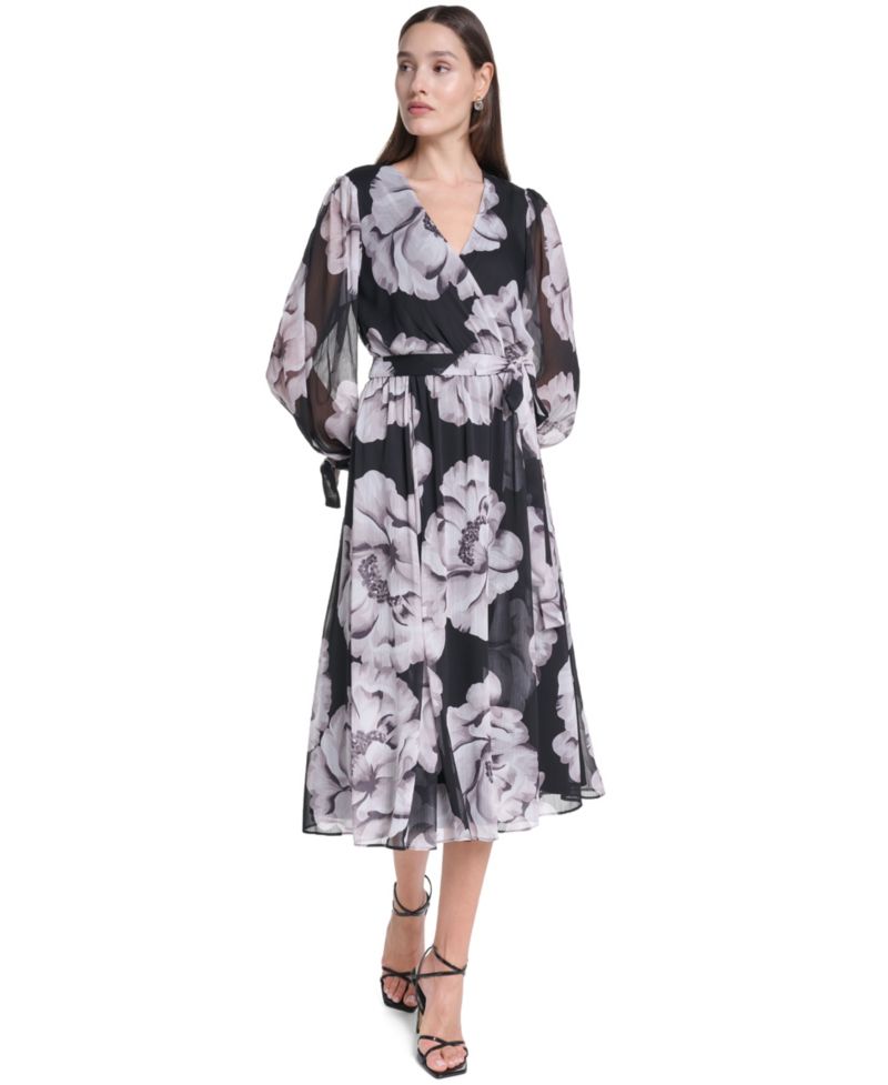 Women's Floral-Print V-Neck Bishop-Sleeve Midi Dress