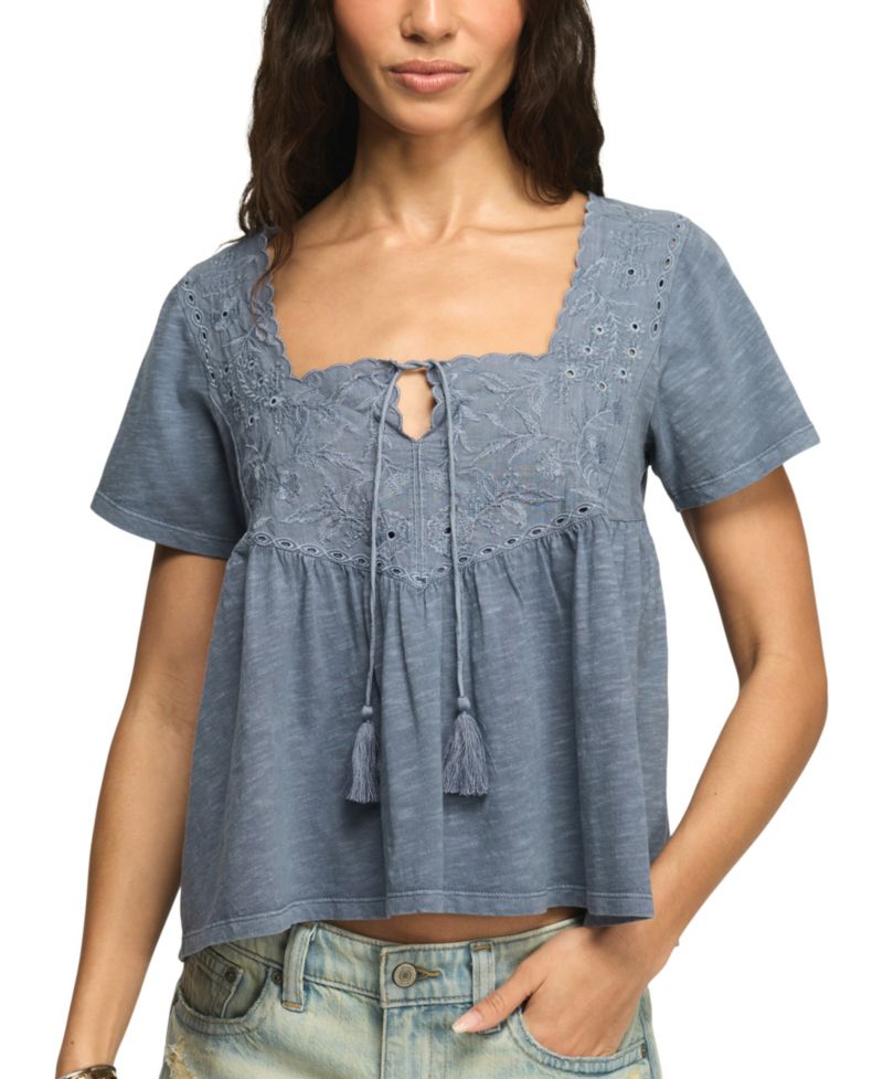 Women's Short-Sleeve Embroidered Yoke Tassel Top