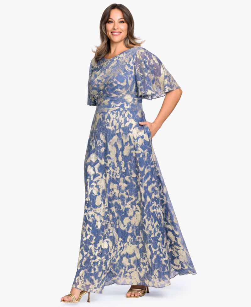 Plus Size V-Neck Foil Printed Gown