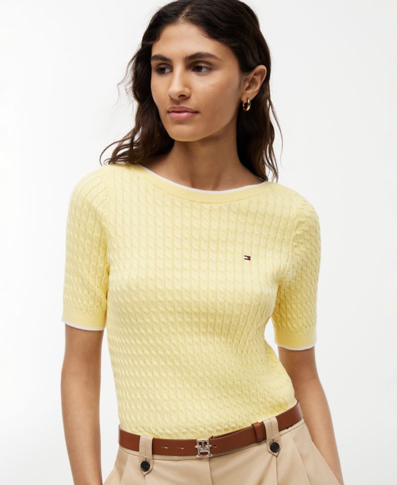 Women's Boat Neck Short-Sleeve Cotton Sweater