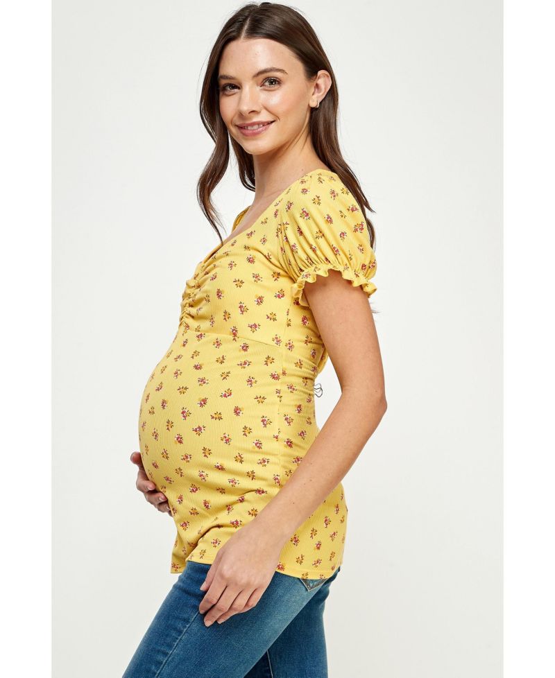 Maternity Ribbed Floral Ruched Front Puff Sleeve Top