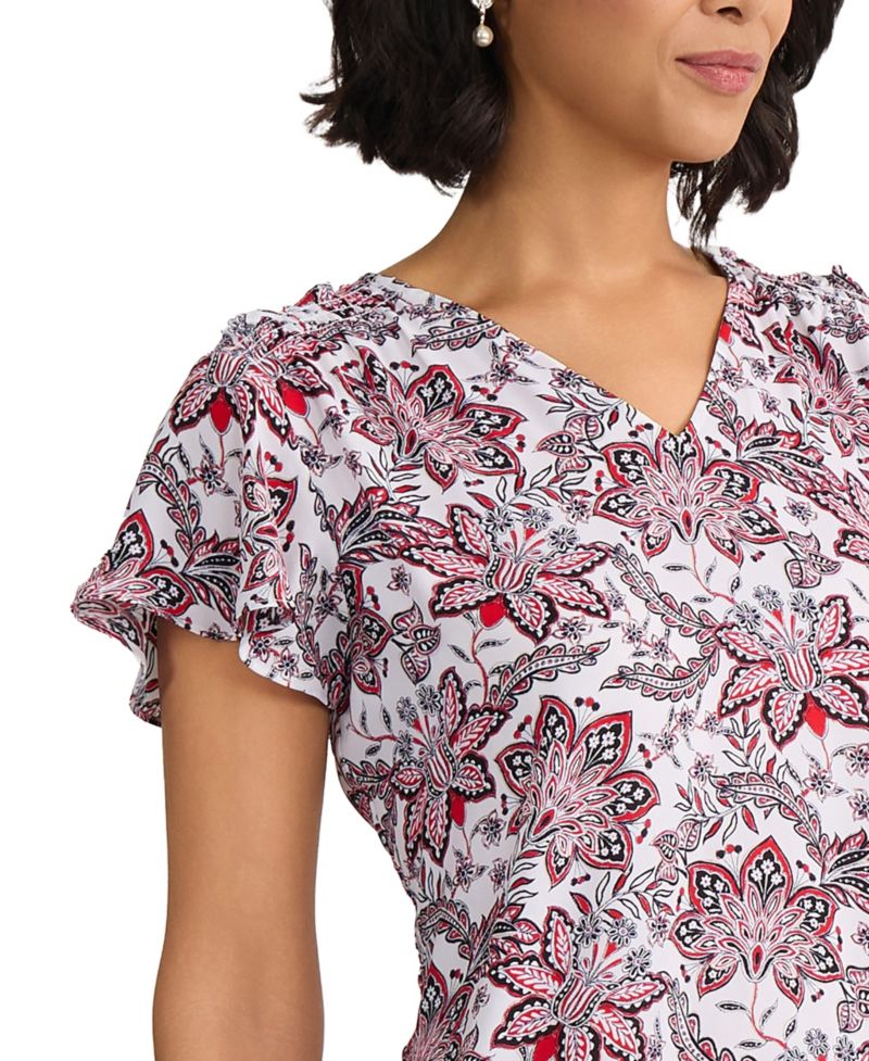 Women's Flutter-Sleeve Printed V-Neck Blouse