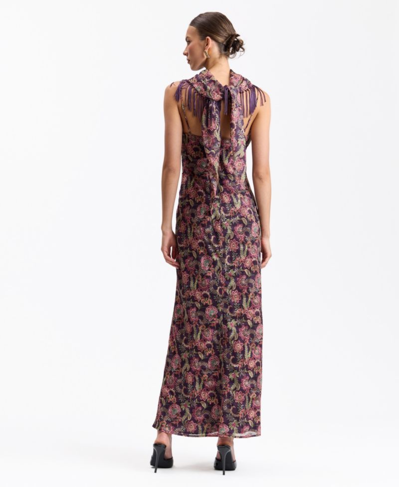 Women's Floral Cowl Neck Fringe Cape Scarf Maxi Dress